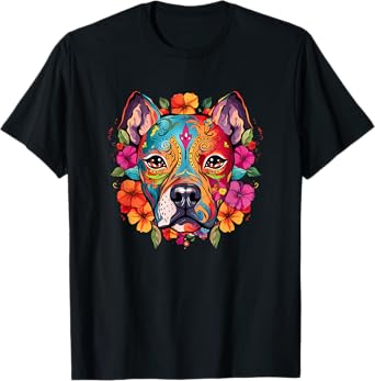 Halloween, Pit Bull, Sugar Skull, Funny, Dogs, Flowers T-Shirt