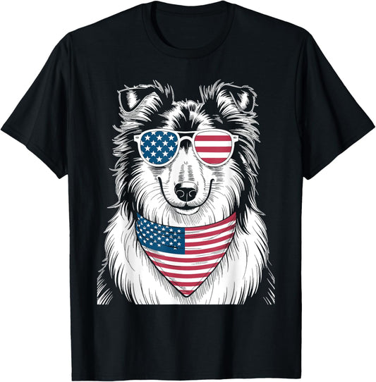 Rough Collie Dog USA Flag Sunglasses Patriotic 4th of July T-Shirt