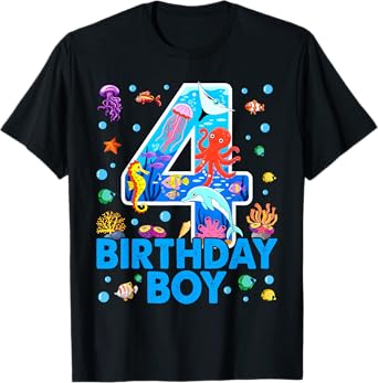 4th Birthday Party Ocean 4 Year Old Sea Fish Birthday Boy T-Shirt