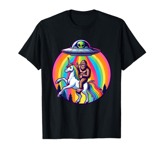 Bigfoot riding a Unicorn beamed up by a UFO, Alien, Cryptid T-Shirt