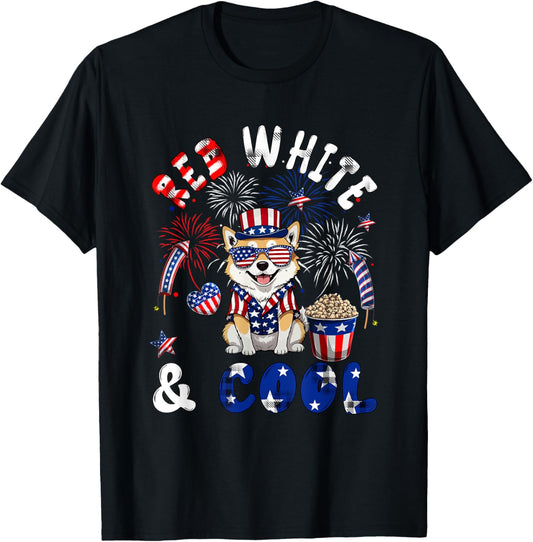 Red White Cool 4th July US Flag Shiba Inu Sunglasses Owner T-Shirt