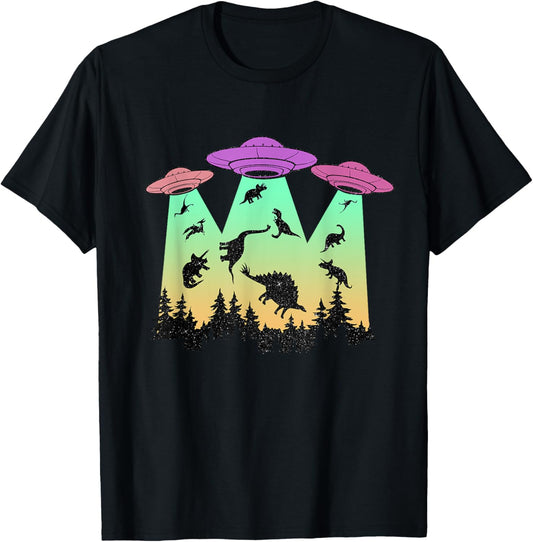 Dinosaur UFO Lover Funny Alien Abduction Retro T-Shirt