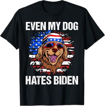 Even my Dog Hates Biden Funny Anti Biden American Flag Dog T-Shirt