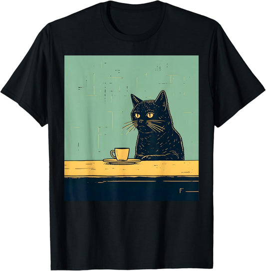 Funny Black Cat Chilling with Coffee Retro Vintage T-Shirt