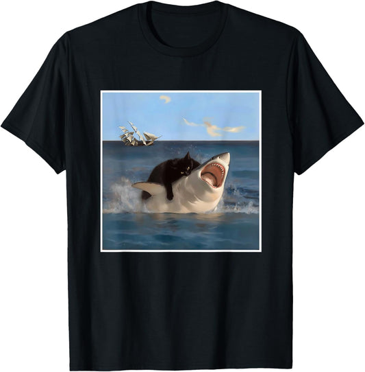 funny Art & Cat Lover Quote Cat Biting Shark Cool Fat Cat T-Shirt
