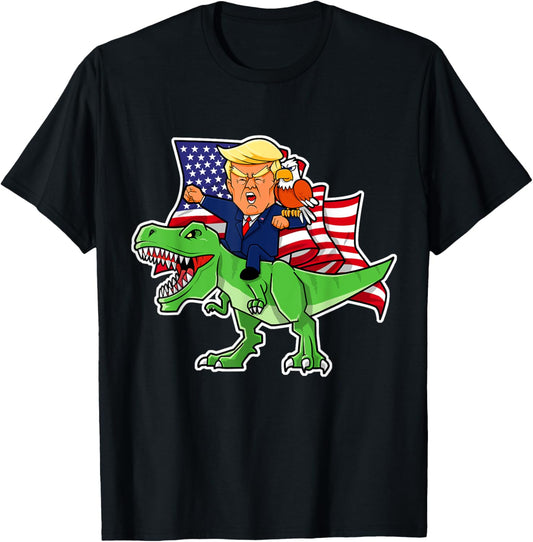 Trump Riding a Dinosaur TRex Funny Merica Patriotic July 4th T-Shirt