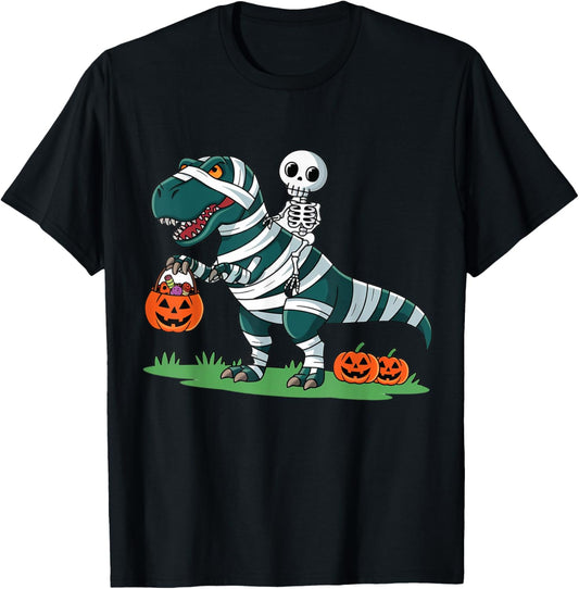 Skeleton Riding Mummy Dinosaur T rex Halloween Funny Pumpkin T-Shirt