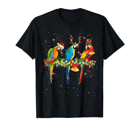 Colorful Christmas Parrots Santa Reindeer Elf Hat Funny T-Shirt