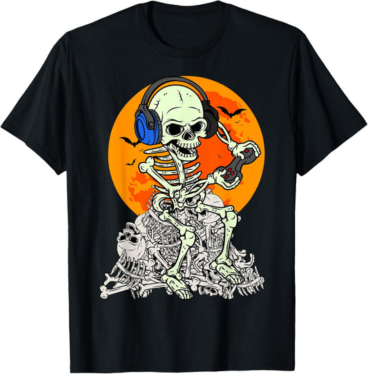 Halloween Skeleton Gamer skull moon Gaming boys teen men T-Shirt