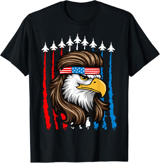 4th Of July Patriotic Bald Eagle Fighter Jet Merica USA Flag T-Shirt