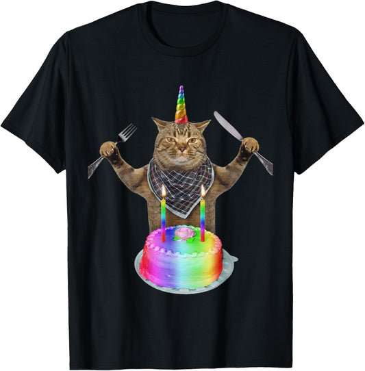 Funny cat unicorn with a birthday cake T-Shirt