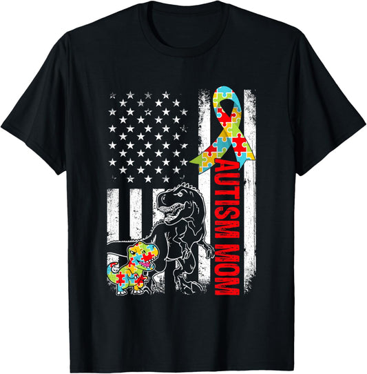 American Flag Autism Mom Dinosaur Awareness Autistic T-Shirt