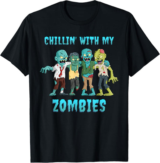 Halloween Chillin With My Zombies Boys Girls Kids Funny T-Shirt