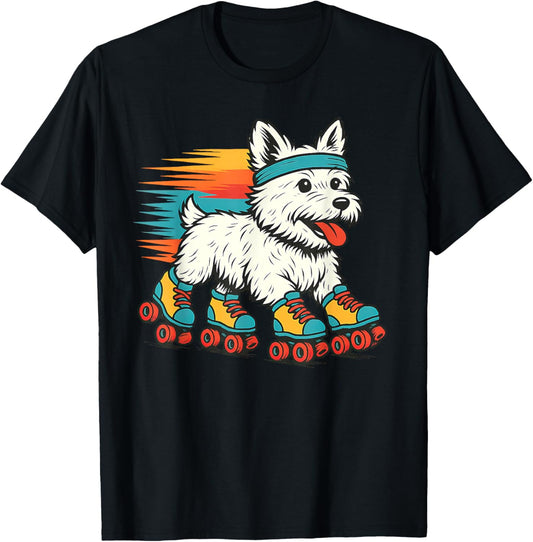 West Highland White Terrier Roller Skating Retro Vintage Dog T-Shirt