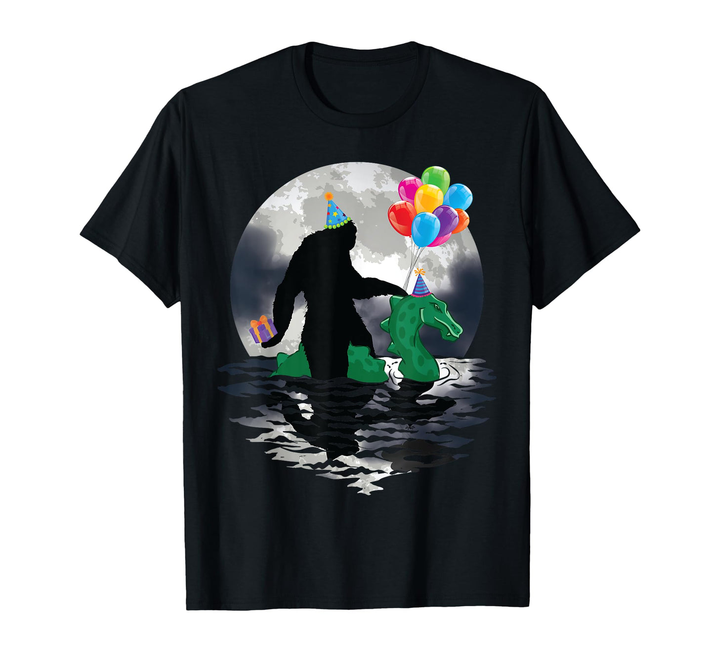 Funny Bigfoot Riding Loch Ness Monster Birthday Celebration T-Shirt