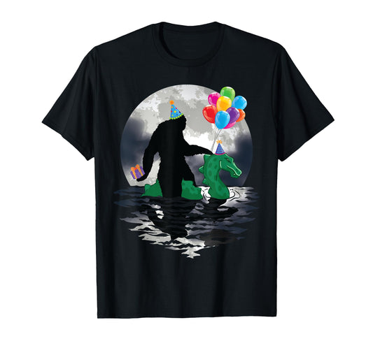 Funny Bigfoot Riding Loch Ness Monster Birthday Celebration T-Shirt