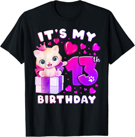 13th Birthday, Girl 13 Year, Cat, Number 13 T-Shirt