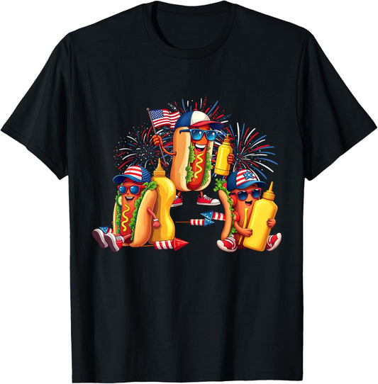 Funny Hotdog Fireworks Patriotic 4th of July Family Kids T-Shirt