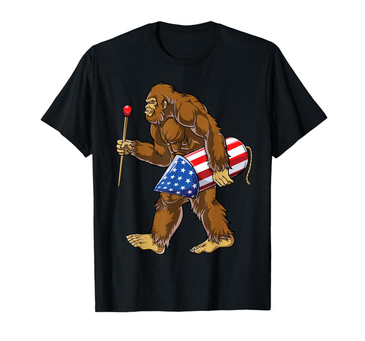 Bigfoot Fireworks 4th of July Men Sasquatch American Flag US T-Shirt