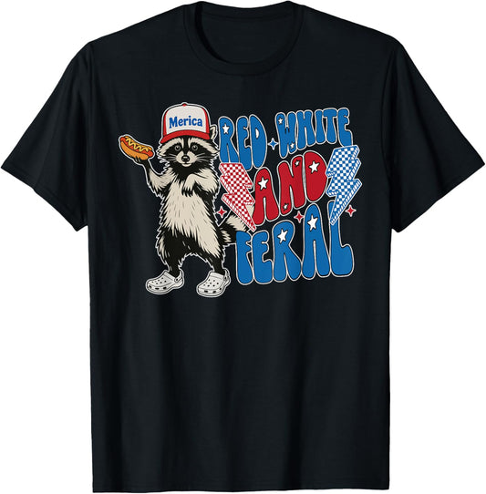 Red White And Feral Funny Raccoon Hotdog 4th July Patriotic T-Shirt