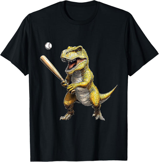 T Rex Playing Baseball Funny Dinosaur Retro Boys T-Shirt