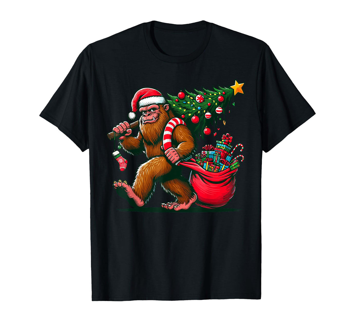 Bigfoot Christmas Tree Lights Xmas Sasquatch T-Shirt - Unisex-Adults, Kids - Blue - Small - Short Sleeve - T-Shirt - Cartoon Pattern - Winter