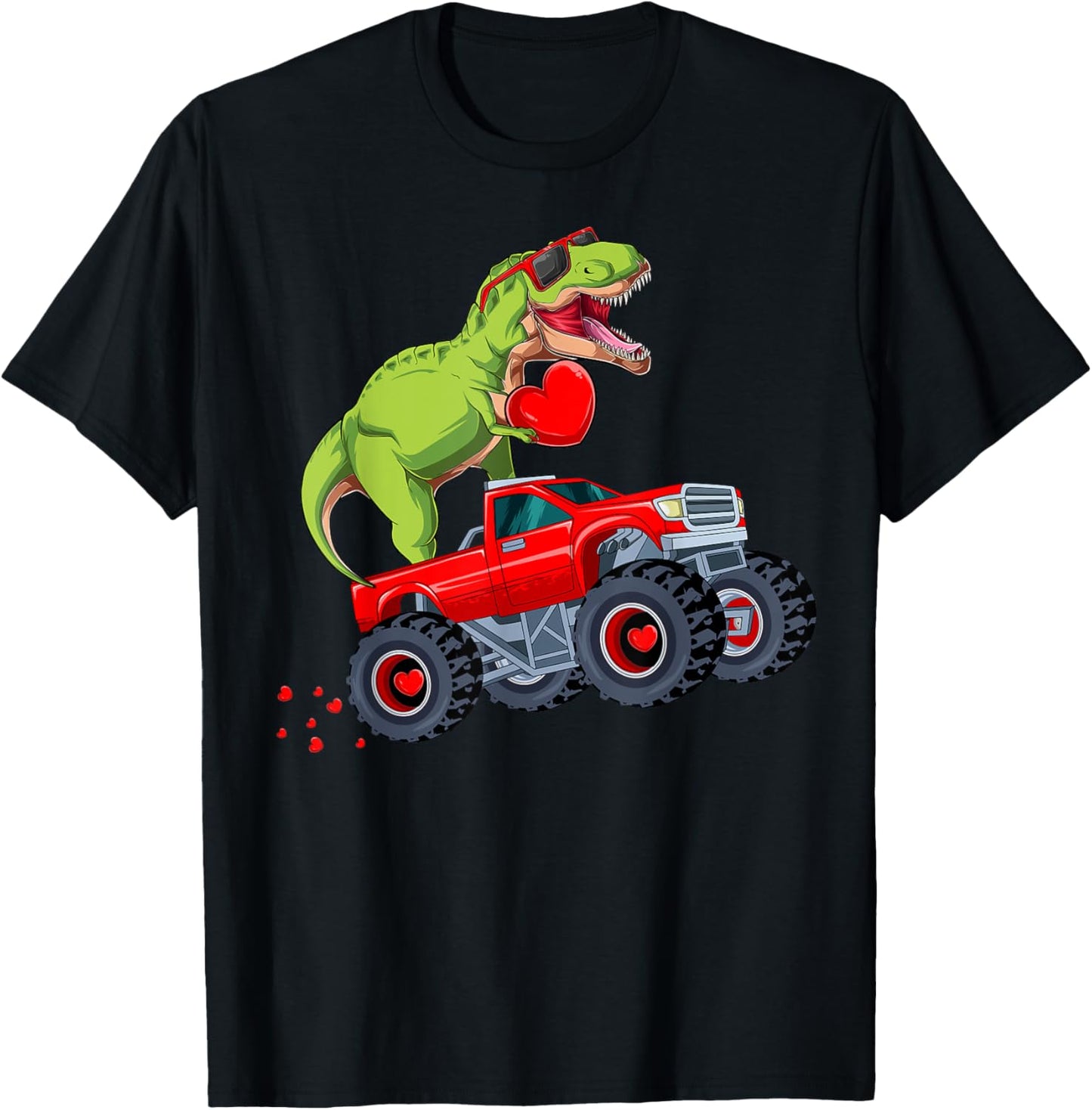 Funny Dinosaur T-Rex Dino Riding Monster Truck Heart Love T-Shirt