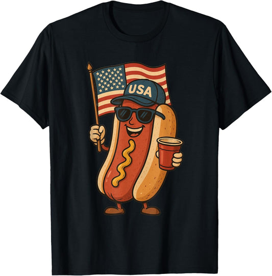 4th of July Hotdog Funny Fourth of July Patriotic USA Flag T-Shirt