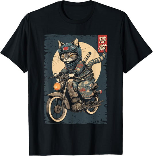 Japanese Samurai Cat on Motorcycle Kawaii Ninja Cat T-Shirt