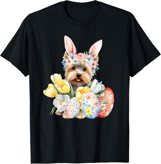 Floral Yorkie Easter Dog Bunny Ears Easter Eggs Puppy Flower T-Shirt