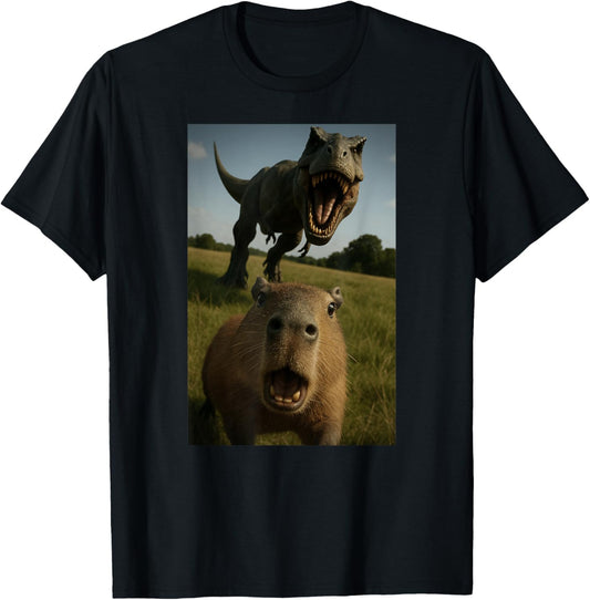 Funny Capybara Selfie Dinosaur Trex Animal Lover Boys Girls T-Shirt