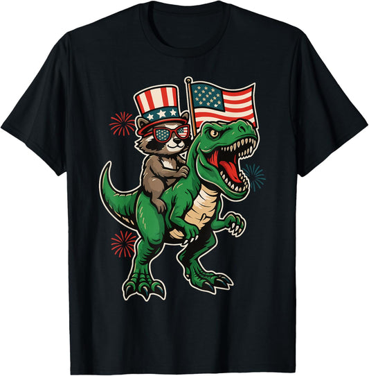 Raccoon Riding T-Rex USA 4th Of July American Flag T-Shirt