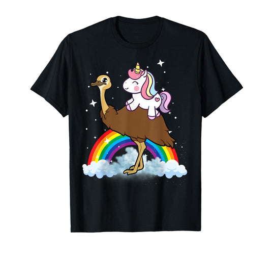 Unicorn Riding Emu Boys Girls Men Women Kids Teens Rainbow T-Shirt