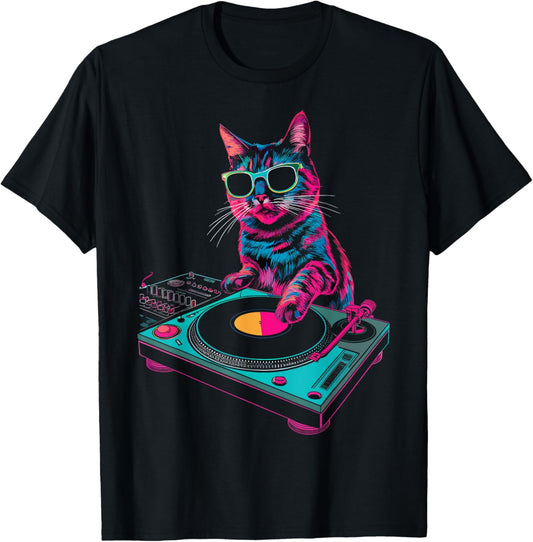 House DJ Cat Rainbow DJ Cat Kitty on Turntable Disco DJ Cat T-Shirt, Small, Black