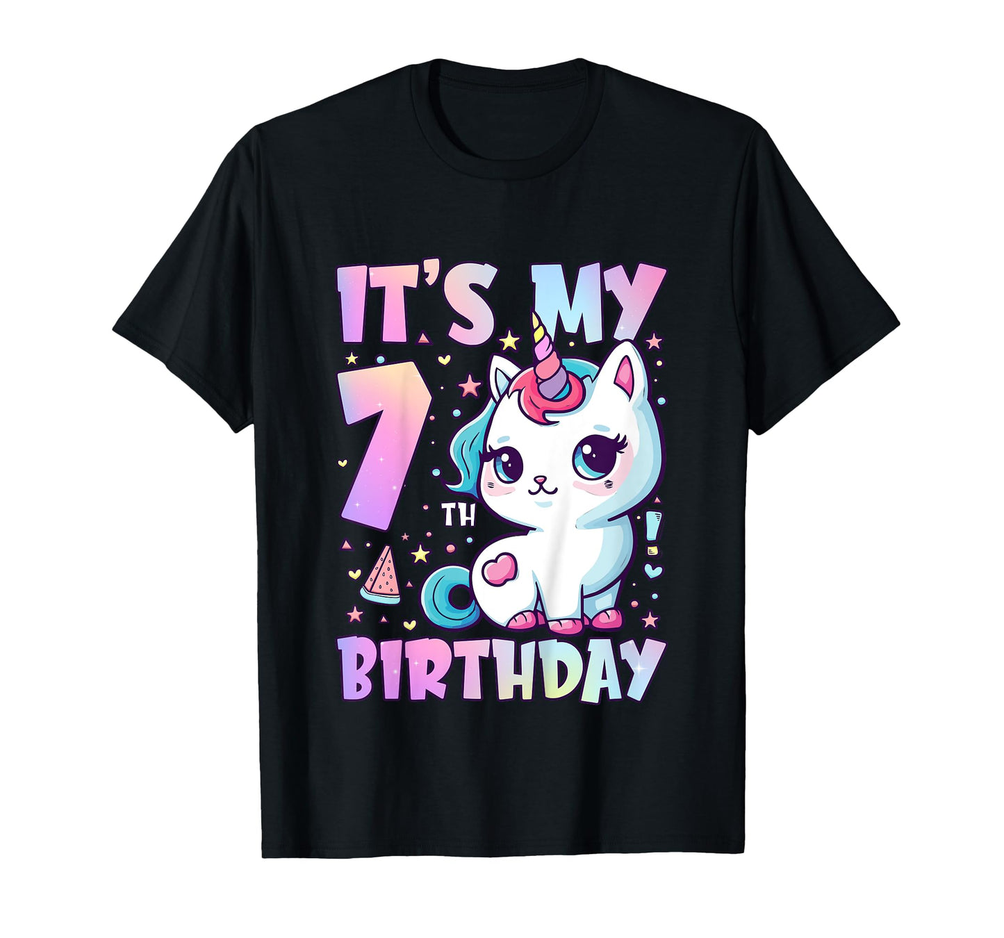 7th Birthday Shirt Girl Seven Year Old Cat Unicorn Birthday T-Shirt