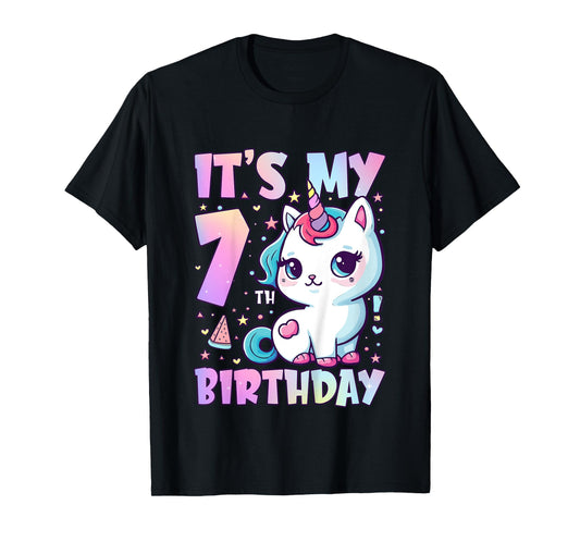 7th Birthday Shirt Girl Seven Year Old Cat Unicorn Birthday T-Shirt