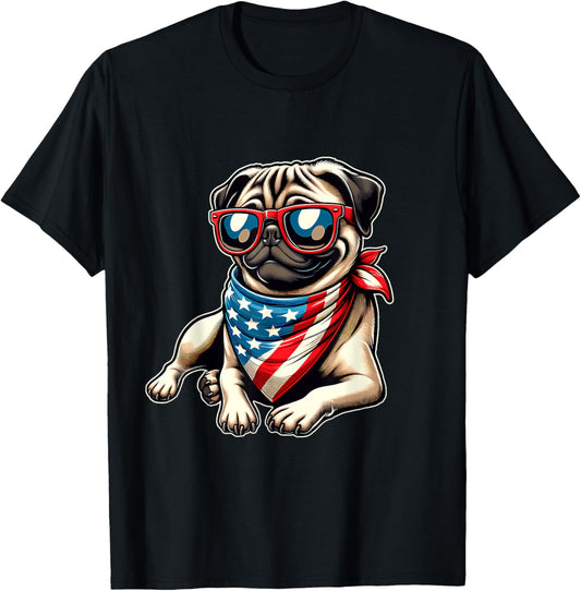 Pug with Bandana Sunglasses 4th of July US Dog American Flag T-Shirt