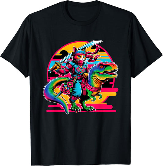 Funny Ninja Cat Riding T-Rex Dinosaur For Toddler Kid Boy T-Shirt