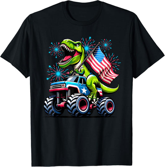 T rex Dinosaur 4th July Monster Truck American USA Flag T-Shirt