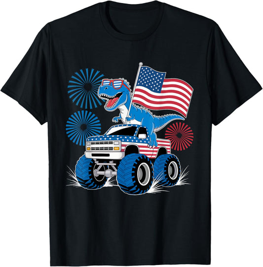 Dinosaur 4th Of July T Rex Dinosaur Monster Truck Dino T-Shirt