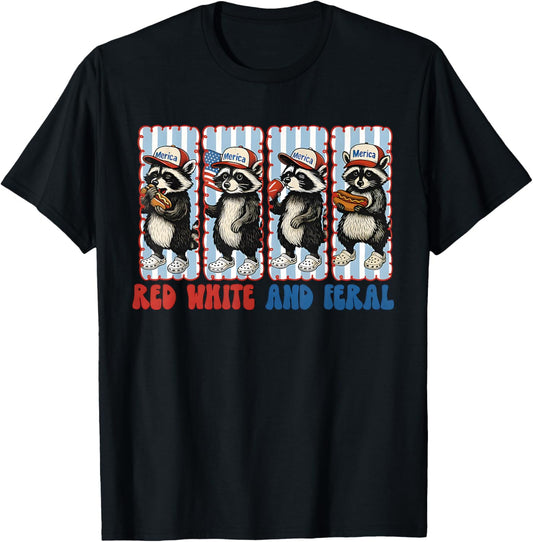 Red White And Feral 4th Of July Raccoon Hot Dog Kids America T-Shirt