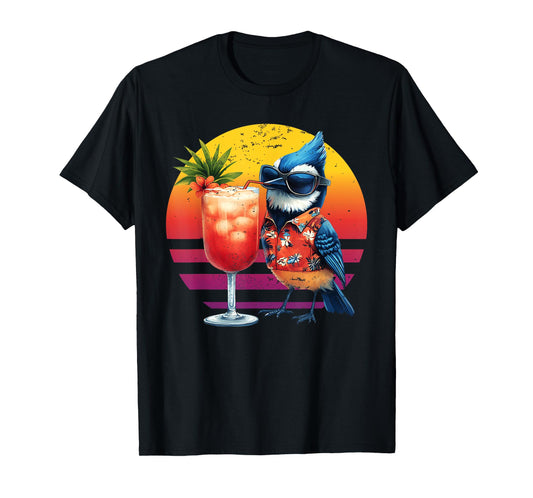 Blue Jay Drinking Hawaiian Birding Retro Summer Bird Lovers T-Shirt