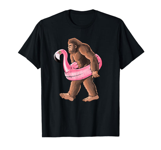 Bigfoot Carrying a Pink Flamingo Pool Floaty Summertime T-Shirt