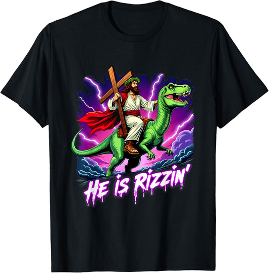 Retro Jesus Christian He Is Rizzin' Riding T-Rex Dinosaur T-Shirt