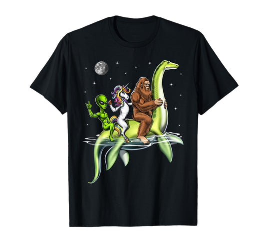 Cryptids Bigfoot Alien Unicorn Riding Loch Ness Monster T-Shirt