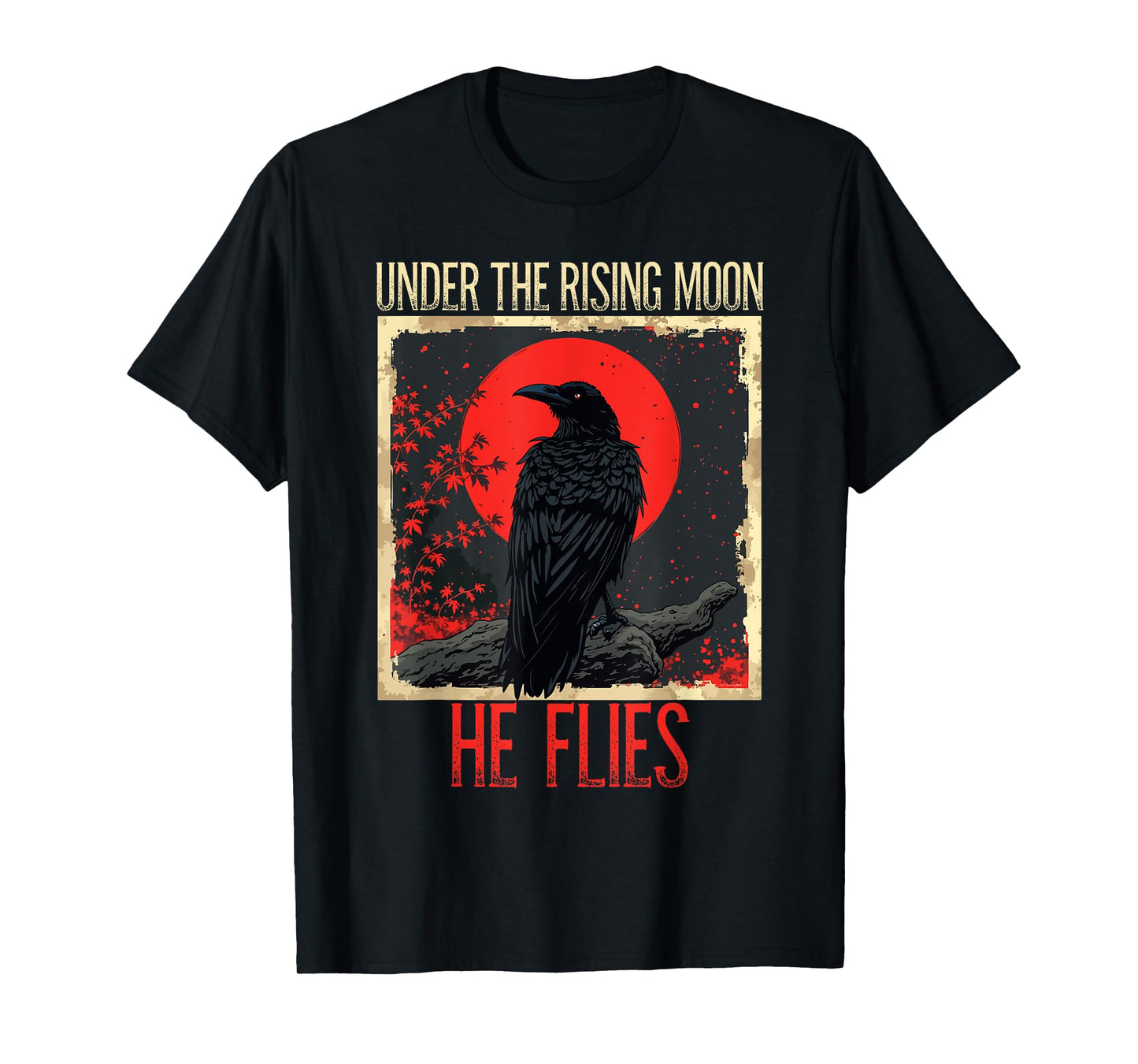 Under The Rising Moon Japanese Bird Black Raven Vintage T-Shirt