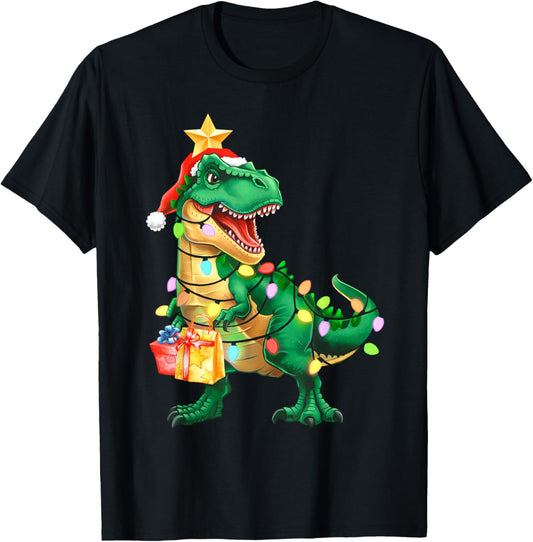 Christmas Shirts For Kids Xmas Tree Lights Dinosaur Boys T-Shirt