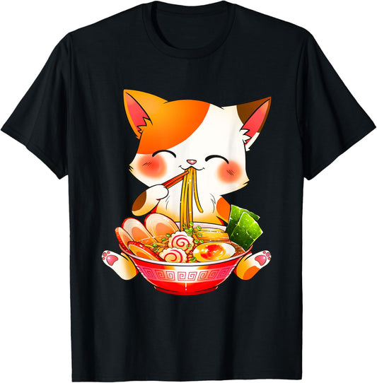 Ramen Cat Anime Kawaii Japanese Merch Women Girls T-Shirt