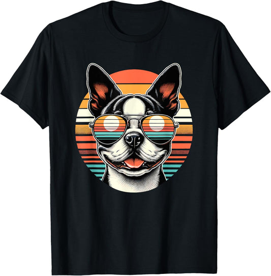 Retro Sunset Sunglasses Boston Terrier Boston Bull Bostie T-Shirt