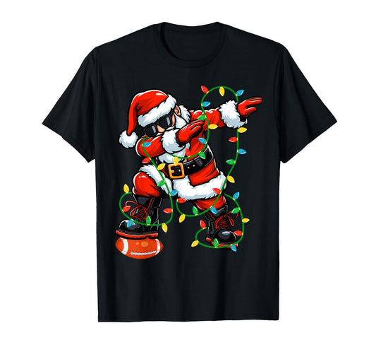Dabbing Santa Football Christmas Lights Xmas Football Player T-Shirt